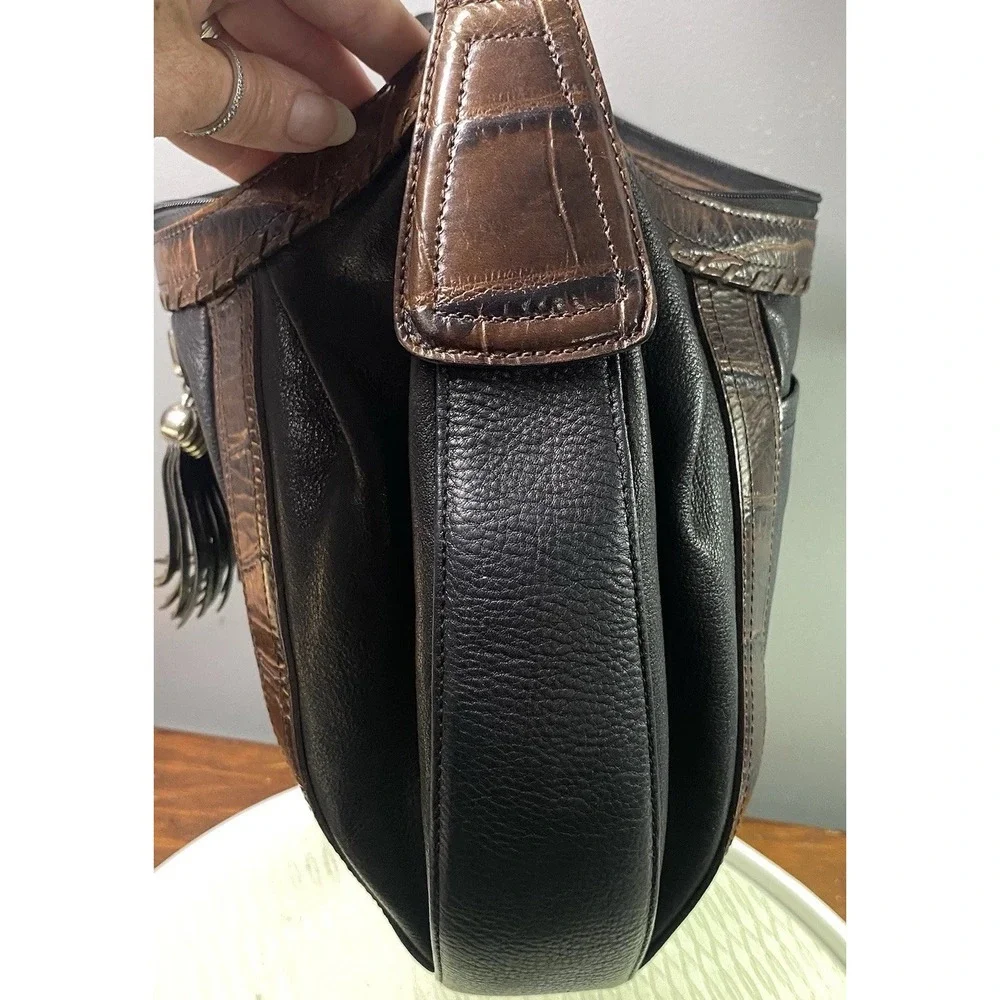 BRIGHTON Leather Women's Croc Purse Black&Brown Bag Tassel Hobo‎  9x13x2.5